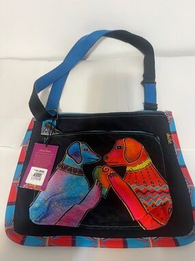 Laurel Burch Colorful Dog Print Crossbody Bag - Blue & Red